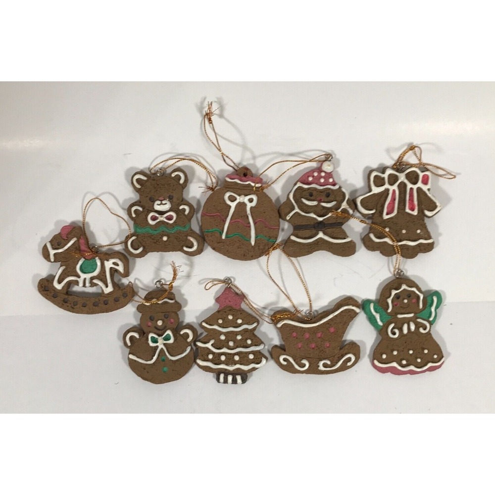Vintage Style Gingerbread Cookie Christmas Ornaments Set of 9 Faux Clay Holiday